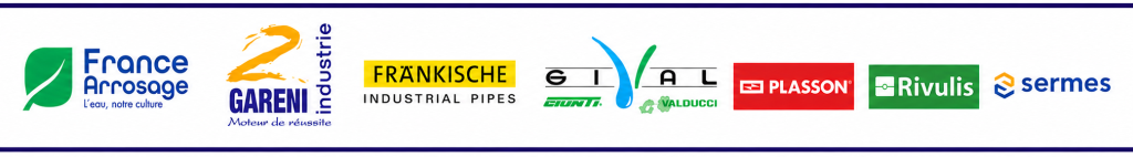 Logos des fournisseurs partenaires de MPA Saint-Gilles spécialisés en irrigation agricole : France Arrosage, Gareni Industrie, Fränkische, GIVAL, Plasson, Rivulis et Sermes.